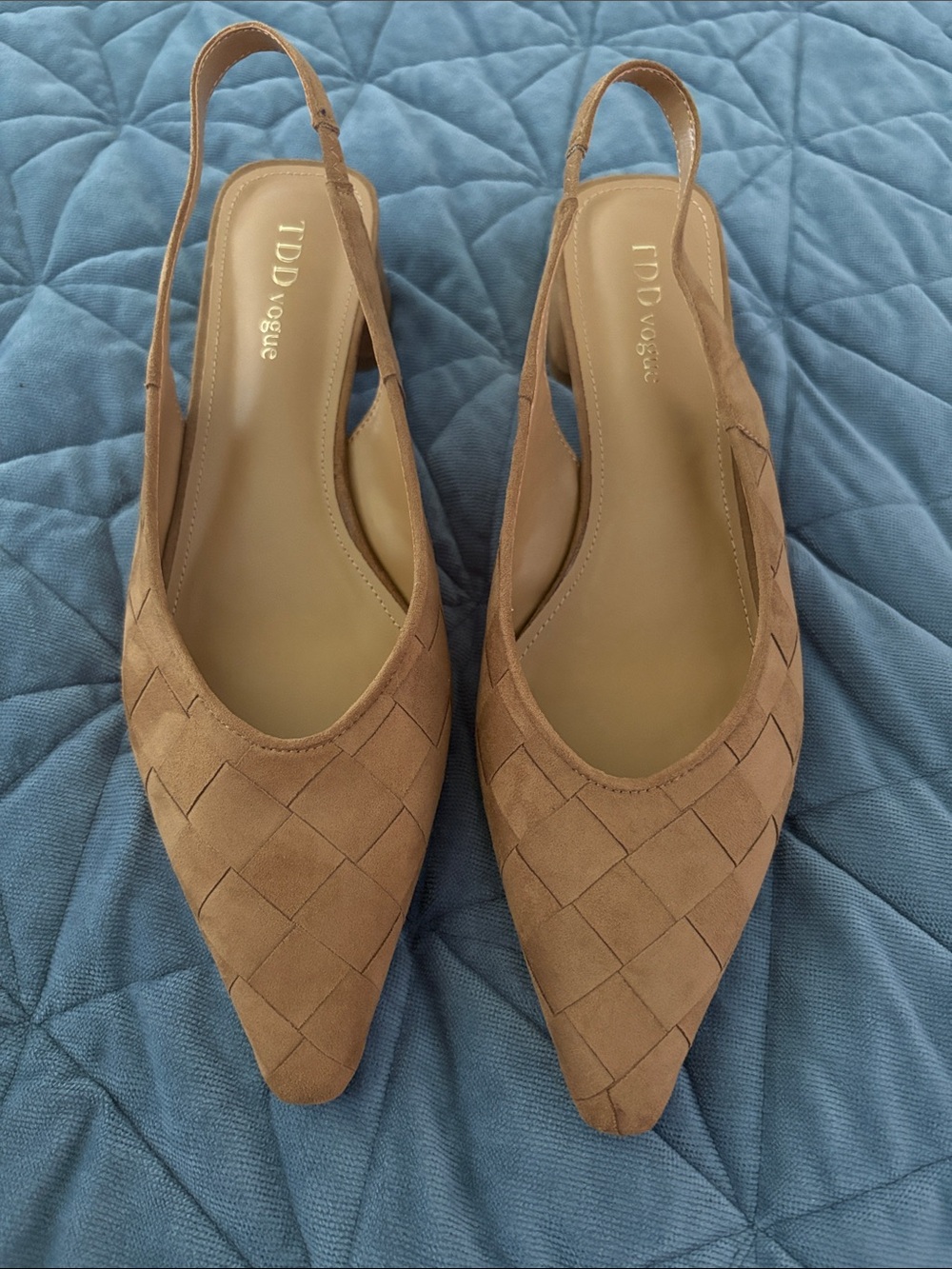 Tan Woven Pointed Slingback Flats